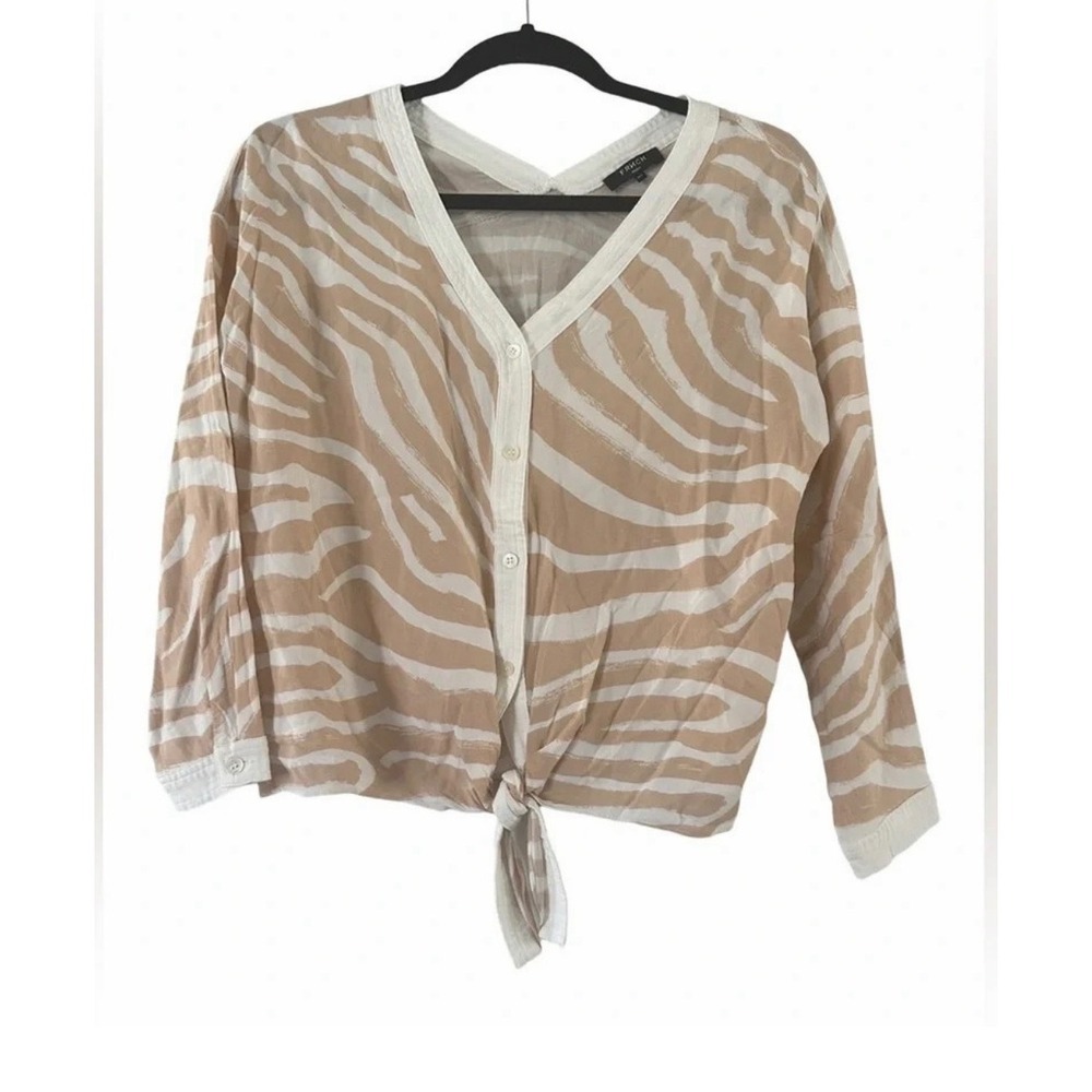 FRNCH Paris Zebra Print Tie Front Blouse M/L Beige Cream Lightweight Top